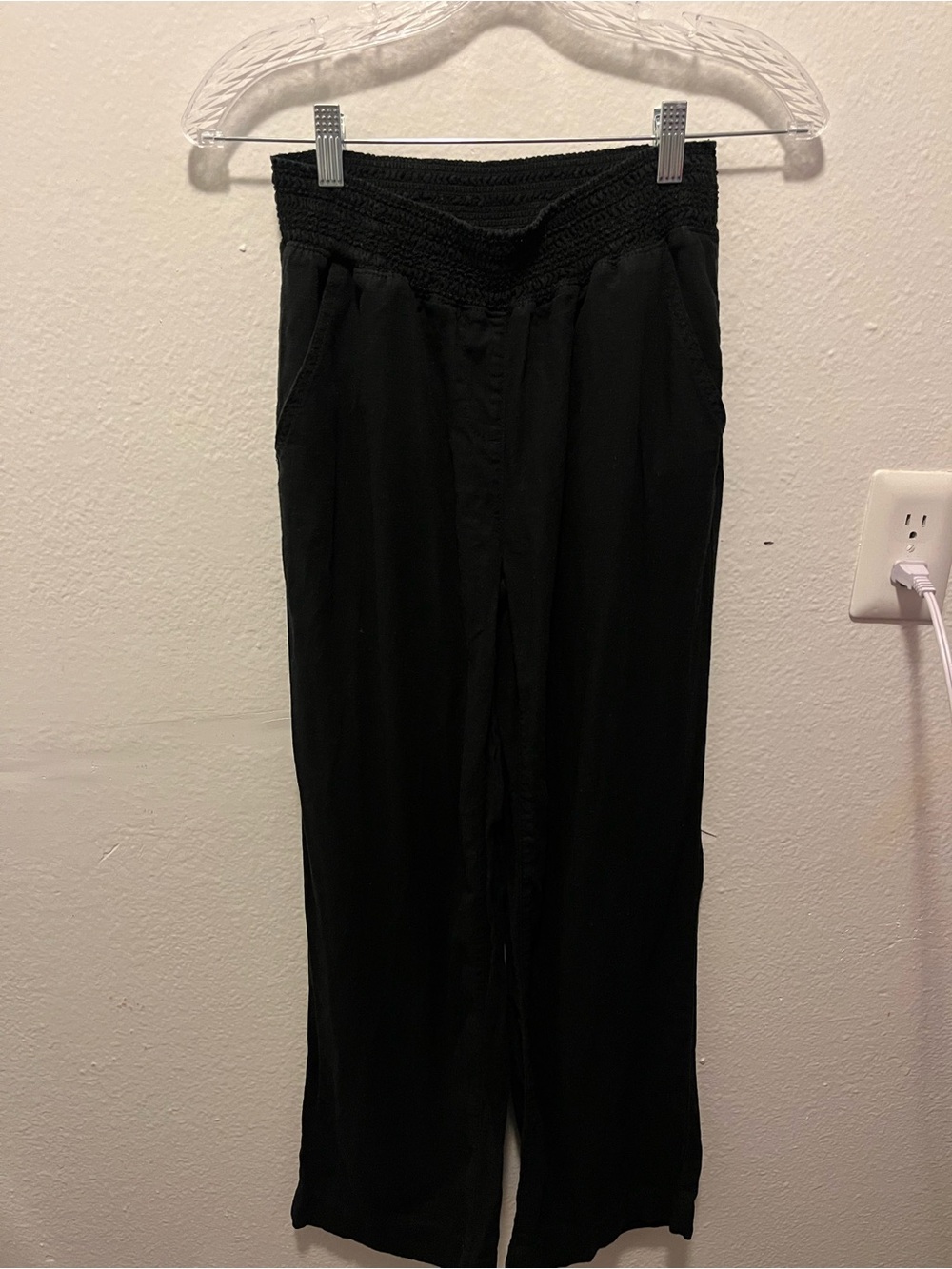 Briggs Black Smocked-Waist Linen Blend Wide Leg Pants